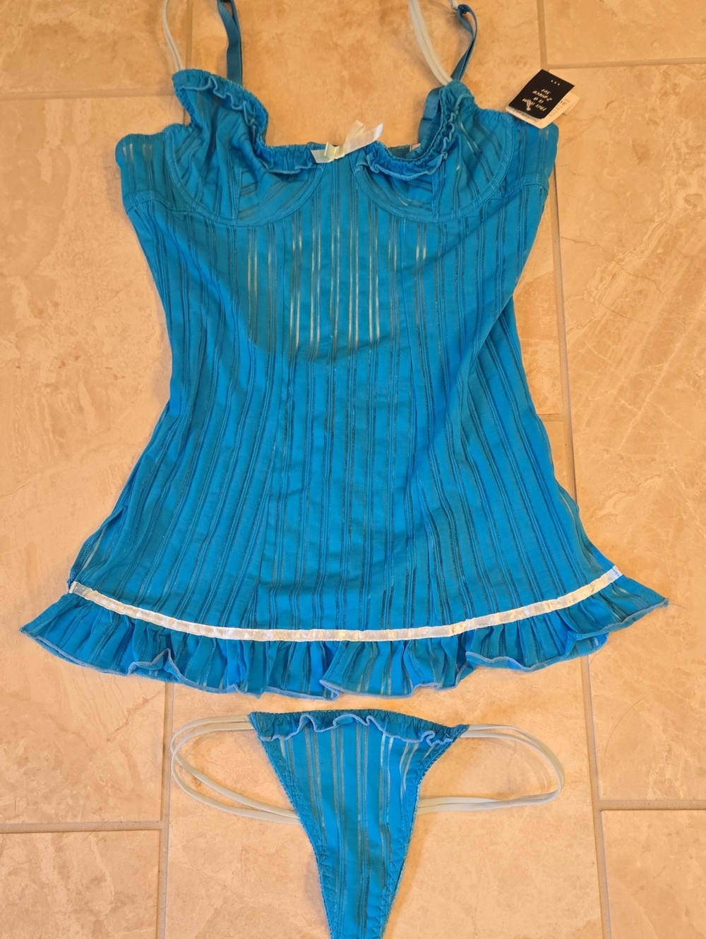 Charlotte Russe Turquoise Blue Sheer Ruffle Chemise with Matching Thong NWT